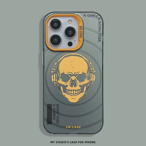 Gray — Born To Be A Gamer New Skull With Headphones Illustration 14, 13, 12 iPhone Case