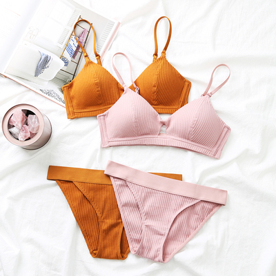 法式舒适小胸无钢圈棉质内衣螺纹薄款女士简约透气学生文胸套装-淘宝网