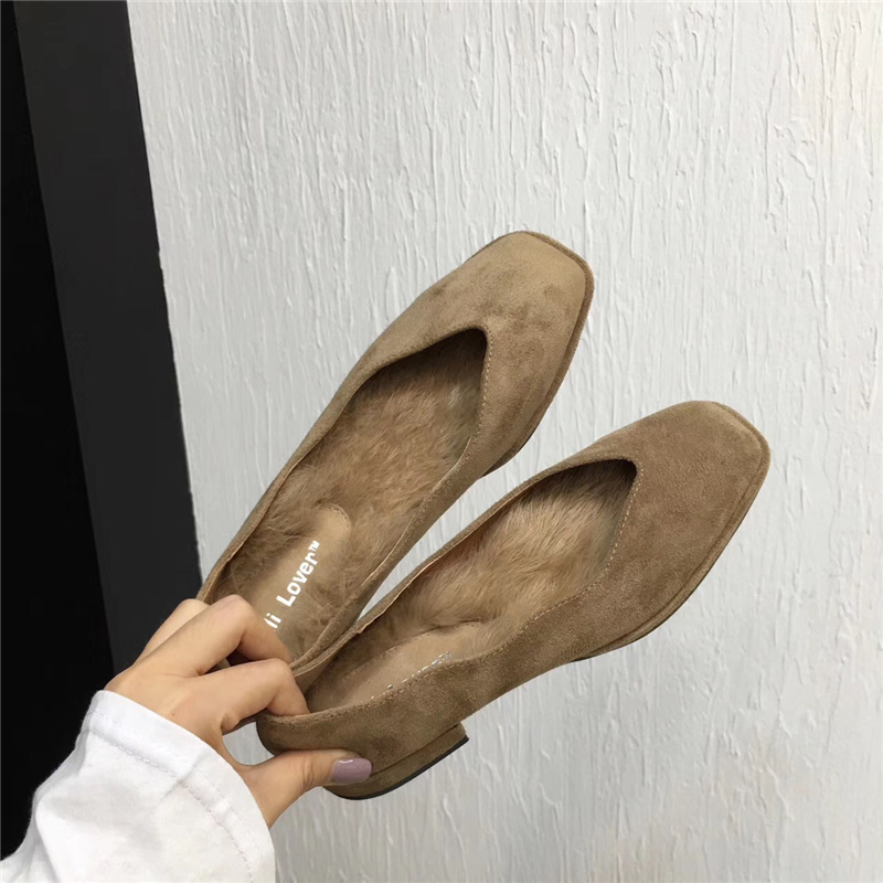 2017秋鼕季新款韓版復古絨面方頭保暖兔毛墊平跟單鞋百搭低跟女鞋