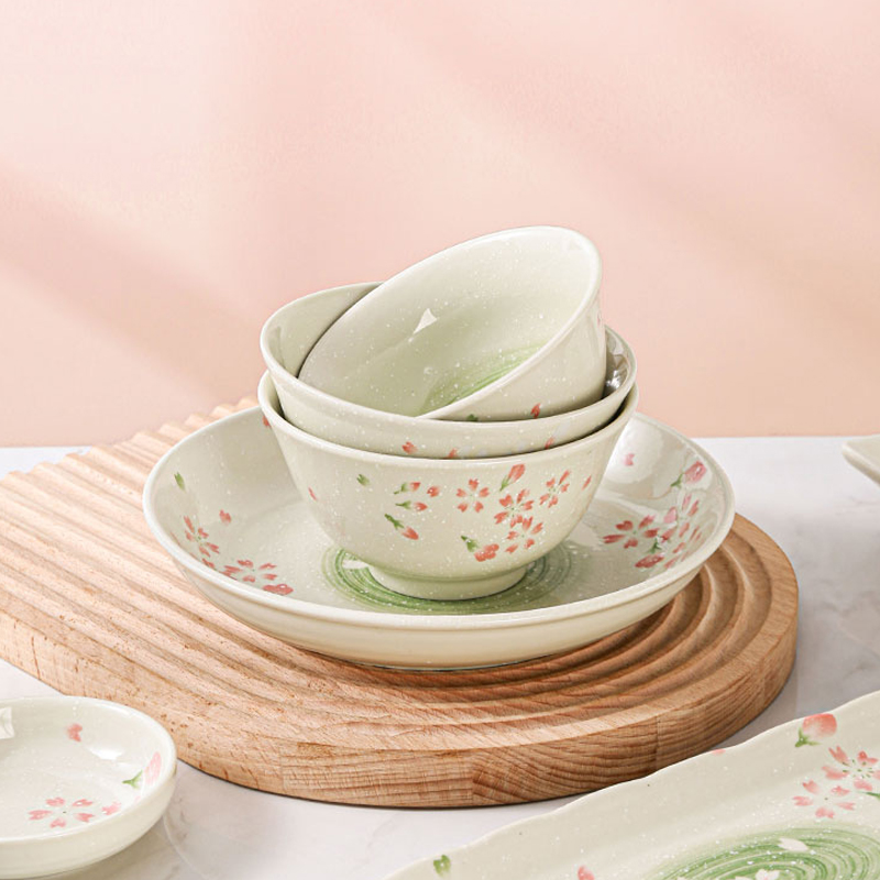 cherry blossom snow ceramic bowl and dish suit household japanese rice bowl soup bowl dish ziyu plate high-end face-value tableware