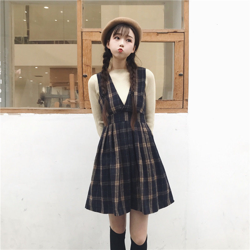 秋鼕季女裝2017新款韓版學生英倫格子復古甜美裙子連衣裙呢子套裝
