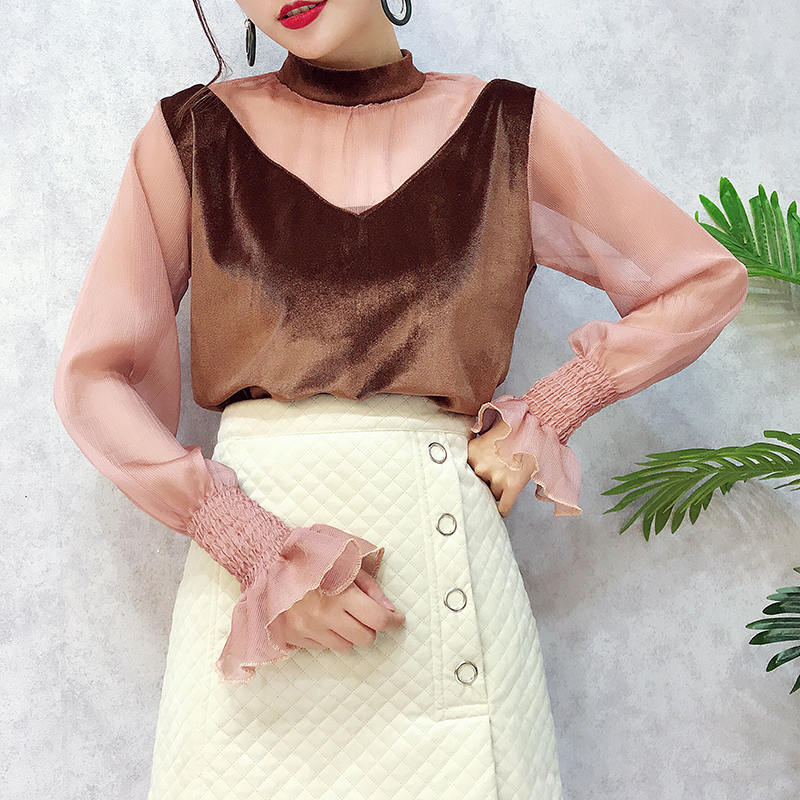 韓版2017秋季新款女裝立領假兩件喇叭袖雪紡拼接絲絨打底衫上衣潮