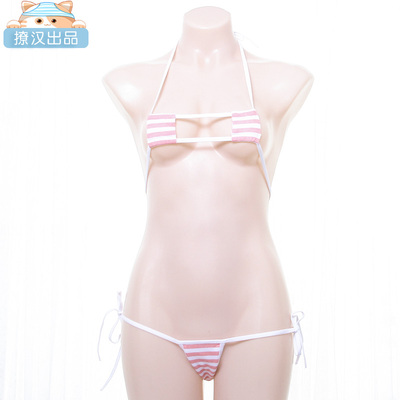 【撩汉出品】蓝白条纹方块比基尼套装 系带红白条纹绑带内裤-淘宝网