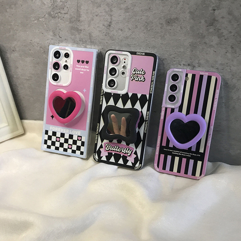 Cute Pink Butterfly Mirror Girls Candy Stripes Silicone TPU S23, S23 Plus, S23 Ultra, S22, S22 Plus, S22 Ultra, S21, S21