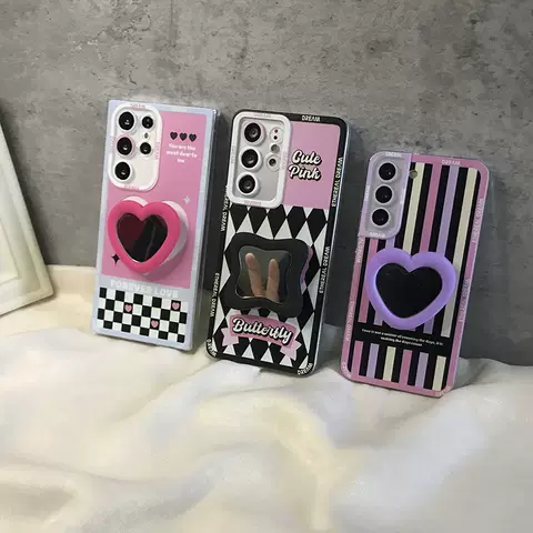 Cute Pink Butterfly Mirror Girls Phone Cases Candy Stripes Silicone TPU Galaxy S23, Galaxy S23 Plus, Galaxy S23 Ultra, Galaxy S22, Galaxy S22 Plus, Galaxy S22 Ultra, Galaxy S21, Galaxy S21 Plus, Galaxy S21 Ultra, Galaxy Note 20, Galaxy Note 20 Ultra, Galaxy A13 5G, A23 5G, A33 5G, A53 5G, A73 5G,