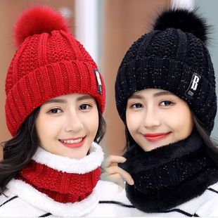 冬季韩版毛线帽子女加绒围脖学生骑车保暖防寒针织潮帽