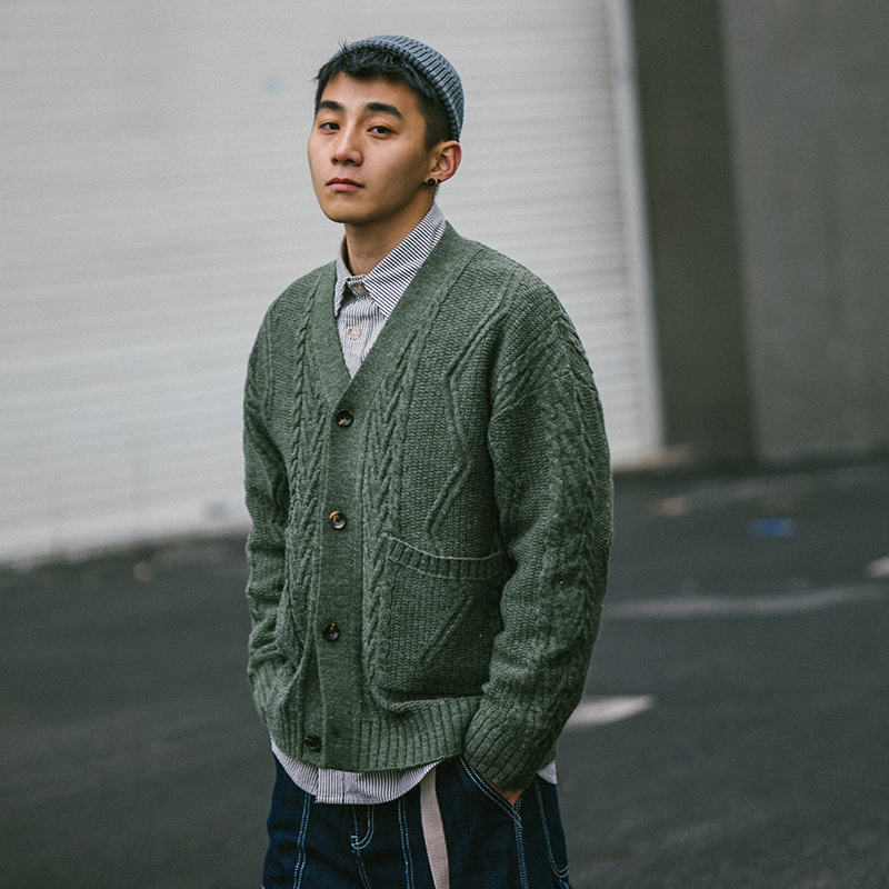BDCT original retro V-neck cardigan sweater men's tide Japanese casual jacquard knitted jacket men's long-sleeved spring