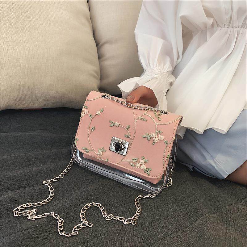 กระเป๋า 2020夏天上新小包包包包韩版透明果冻包2020夏天新款蕾丝仙链条斜  