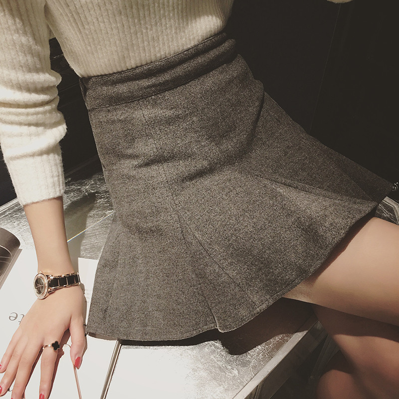 2017早春新款韓版女裝修身顯瘦魚尾下擺毛呢包臀裙學生半身短裙