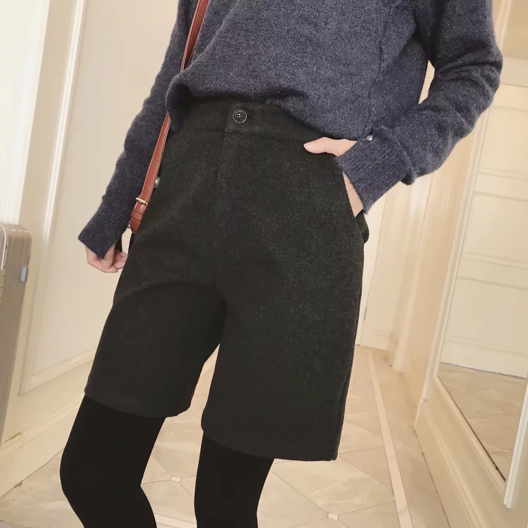 外貿女裝 2017秋鼕裝新款時尚修身顯瘦加厚毛呢直筒五分褲女靴褲