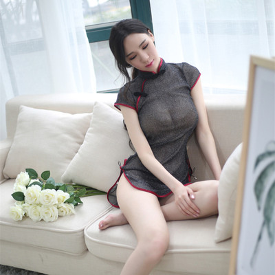 闪亮银丝旗袍 性感透明睡裙睡衣内衣紧b裙超紧女老公裙妓干爹-淘宝网