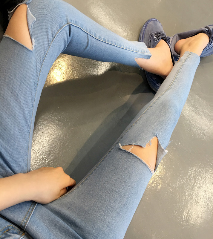 2016夏季新款韓版修身顯瘦破洞褲腳前後不規則割破牛仔九分褲 女
