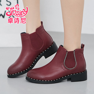 卓诗尼秋季女士单鞋子高帮鞋短筒圆头中方跟简约时尚潮163162380