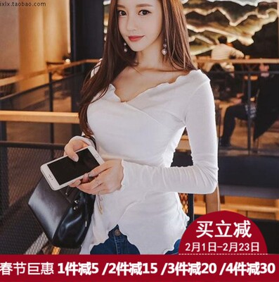韩国chic性感V领打底衫女长袖T恤秋冬修身显瘦百搭时尚开叉上衣潮-淘宝网