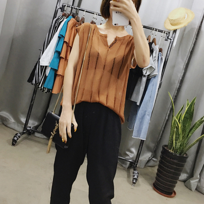 针织吊带背心女夏无袖T恤宽松小V领罩衫透视透明性感外穿时尚冰丝-淘宝网