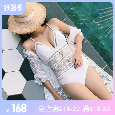 泰国度假白色连体游泳衣女性感露背蕾丝小胸聚拢遮肚显瘦韩国泳装-淘宝网