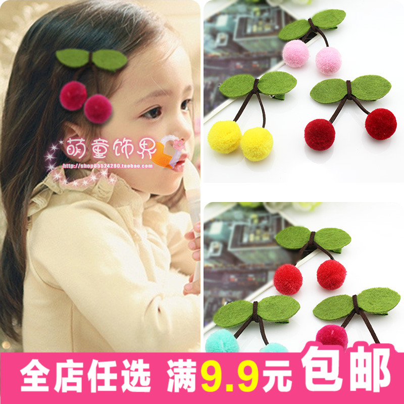 新款兒童發飾頭飾品韓國女童超美蝴蝶結毛球櫻桃邊夾寶寶發夾