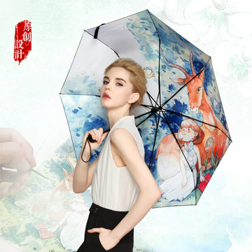羚羊早安原创品牌纪念插画伞手绘黑胶防晒遮阳伞晴雨伞三折太阳伞 羚羊早安原创品牌纪念插画伞手绘黑胶防晒遮阳伞晴雨伞三折太阳伞
