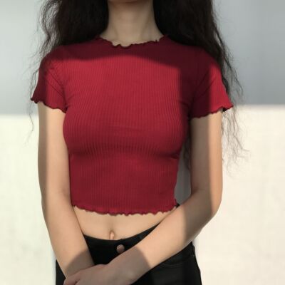 【包邮】Go Girl Go 木耳边百搭螺纹短袖短款高腰显瘦t恤