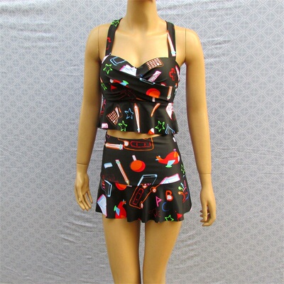 裙式比基尼大胸分体泳衣女DEF杯钢托聚拢高腰遮肚显瘦大码荷叶边-淘宝网