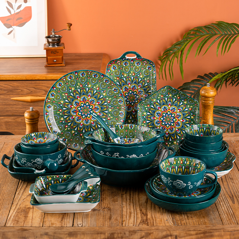 bohemian vintage ceramic dishes household rice bowl dish binaural soup bowl handle bowl fish dish