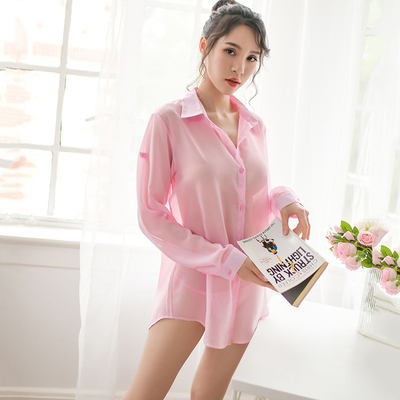 性感宽松睡衣男友风大码中长雪纺衬衫家居服夏粉诱惑透明长袖睡裙-淘宝网