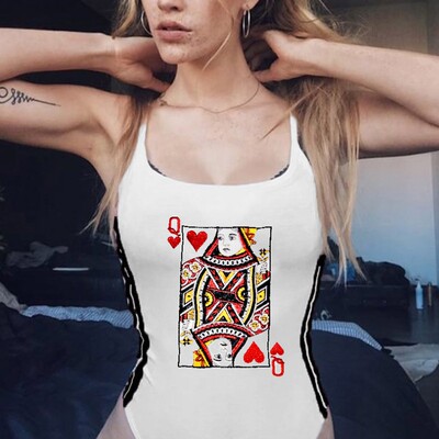 欧美ins网红博主街拍新款上衣修身百搭扑克牌QUEEN印花连体衣女潮-淘宝网