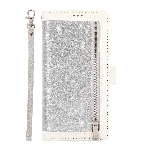 Silver — Shiny Glitter Bling Girls Wallets Folio Flip Magnetic Synthetic Leather Card Holder Folding Stand S23, S23 Plus, S23