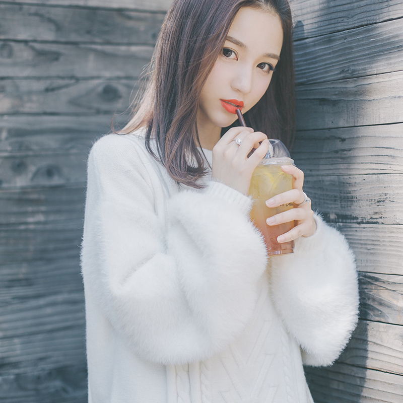 2017春季韓版女裝新款圓領白色毛衣套頭寬松百搭中長款學生外套女