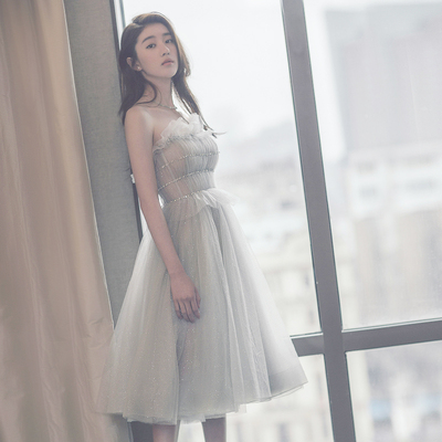 晚礼服女2018新款手工钉珠伴娘甜美生日派对宴会毕业短款小礼服裙-淘宝网