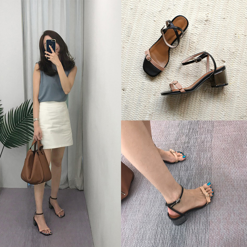 2017夏季韓版新款露趾粗跟女交叉一字扣帶涼鞋中跟羅馬方頭女鞋潮