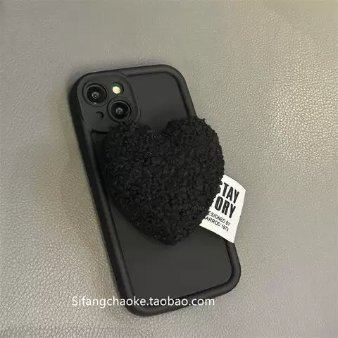 Fluffy Plush Black Heart Girls Phone Cases Covers 3D iPhone 15, iPhone 14, iPhone 13, iPhone 12, iPhone 11