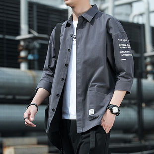 短袖衬衫男学生韩版休闲潮流宽松工装外套纯棉男士七分袖衬衣夏季