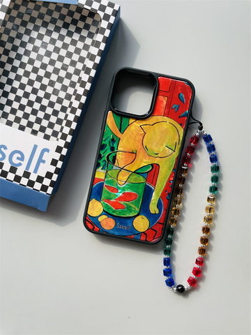 Ssself Unique Artsy Cat On Table Illustration Mother Of Pearl Shine Beads Wrist Lanyard Strap 14, 13, 12 iPhone Case