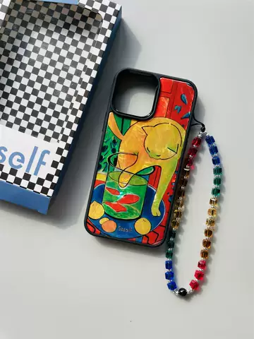 Ssself Unique Phone Cases Covers Artsy Cat On Table Illustration Mother Of Pearl Shine Beads Wrist Lanyard Strap iPhone 14, iPhone 13, iPhone 12