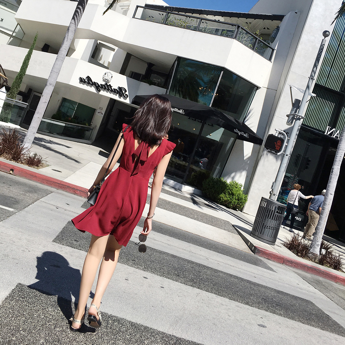 2017夏季新款女装韩版V领露背红色连衣裙雪纺小香风气质性感a字裙
