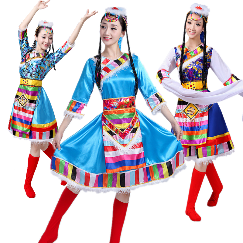 藏族舞蹈演出服裝女成人水袖廣場舞臺少數民族服裝表演西藏袍短裙
