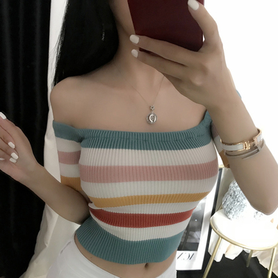 夏季新款主播服装夜店女装性感百搭一字领露肩拼色修身针织衫上衣-淘宝网 夏季新款主播服装夜店女装性感百搭一字领露肩拼色修身针织衫上衣-淘宝网