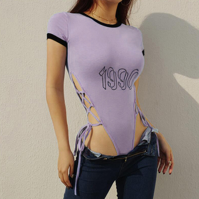 欧美ins超火侧边绑带镂空连体T恤女撞色短袖字母修身显瘦打底上衣-淘宝网