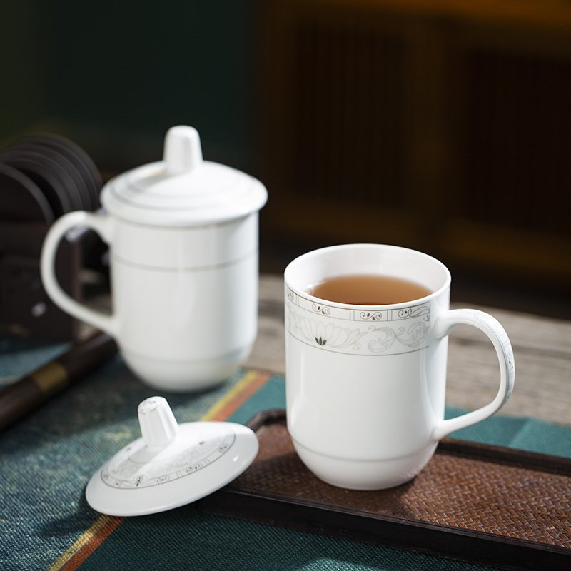Jingdezhen Ceramic Cup Customized Conference Cup with Lid Hotel Hotel Household Tea Cup Office Cup Tea Cup Set