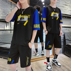 夏季男士短袖套装韩版个性青年修身运动服七分袖短裤休闲两件套男