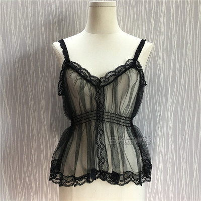 夏新款百搭V领蕾丝透视网纱外穿吊带衫女上衣外搭背心透明打底衫-淘宝网