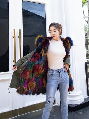 标题优化:时尚款女派克服2018新款韩版貉子毛领内胆中长款皮草大衣