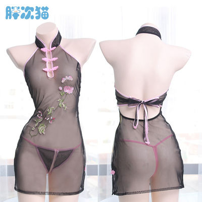 【撩汉出品】半透露背旗袍套装 日系少女刺绣睡裙-淘宝网