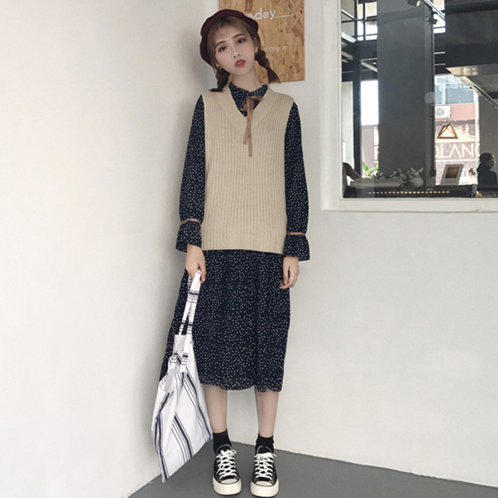 2017秋裝新款韓版寬松馬甲背心 顯瘦波點長袖連衣裙兩件套女學生