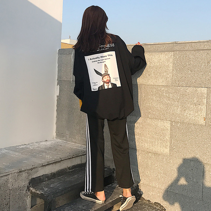 秋裝新款韓版休閑運動套裝寬松卡通印花上衣 闊腿褲兩件套女學生