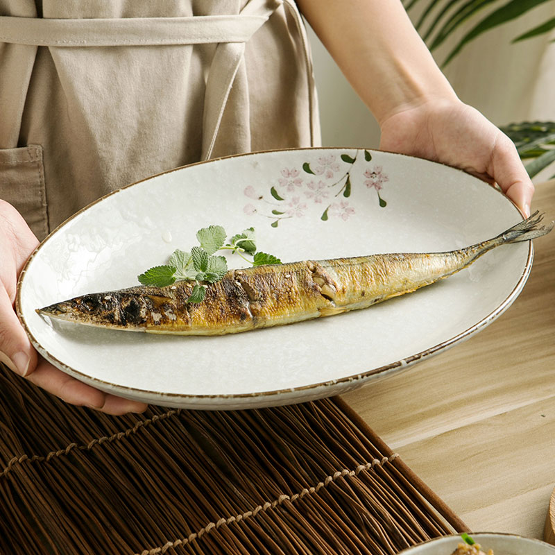 12-inch japanese ceramic fish plate household retro japanese style plate steamed fish plate for fish sushi