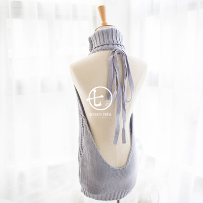 【七了个三】开背秋冬高领露背无袖毛衣套头毛衣短裙针织性感情趣-淘宝网