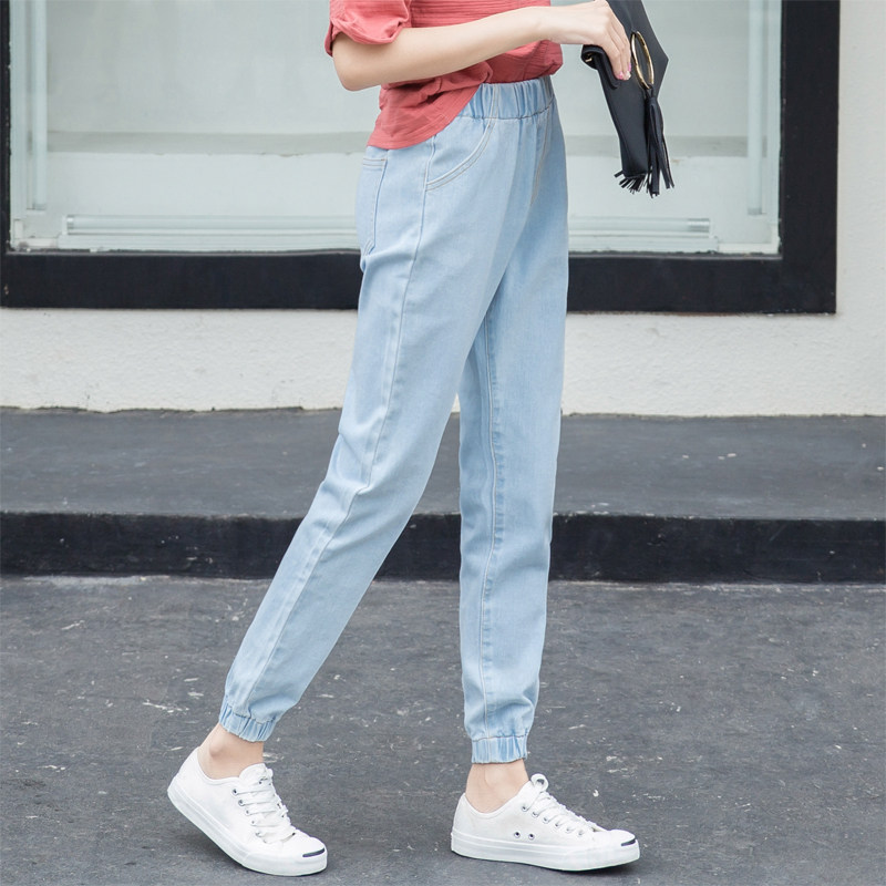 韓版高腰哈倫松緊腰牛仔褲女加絨加厚束腳褲九分寬松bf風收口褲子