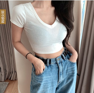 2019春季新品韩国代购女装 性感修身V领高腰短款T恤 紧身短袖T潮-淘宝网 2019春季新品韩国代购女装 性感修身V领高腰短款T恤 紧身短袖T潮-淘宝网